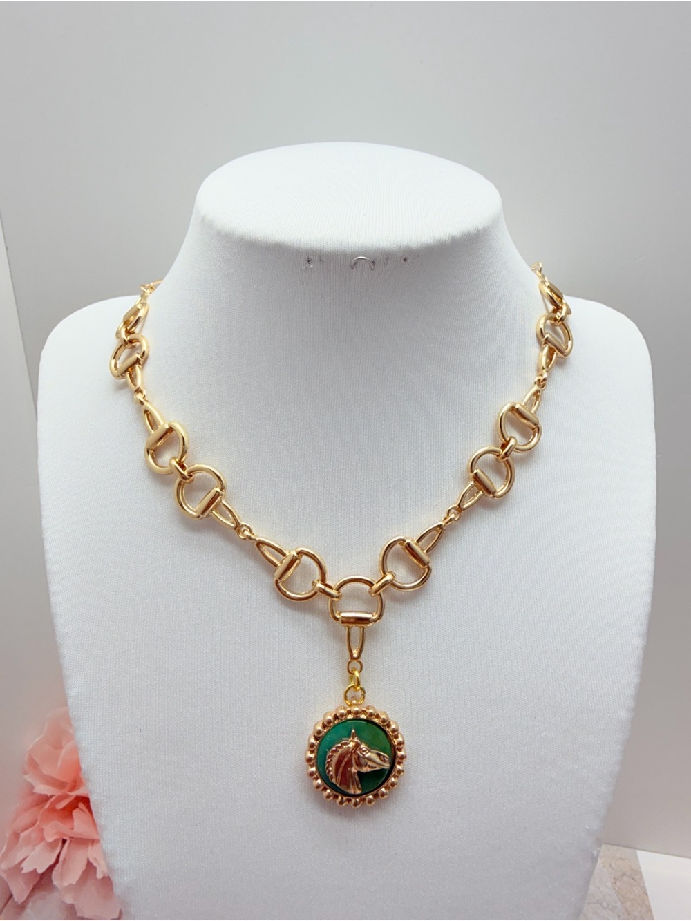 Gold Horse bit Necklace & horsebit links and circular with Horse pendant